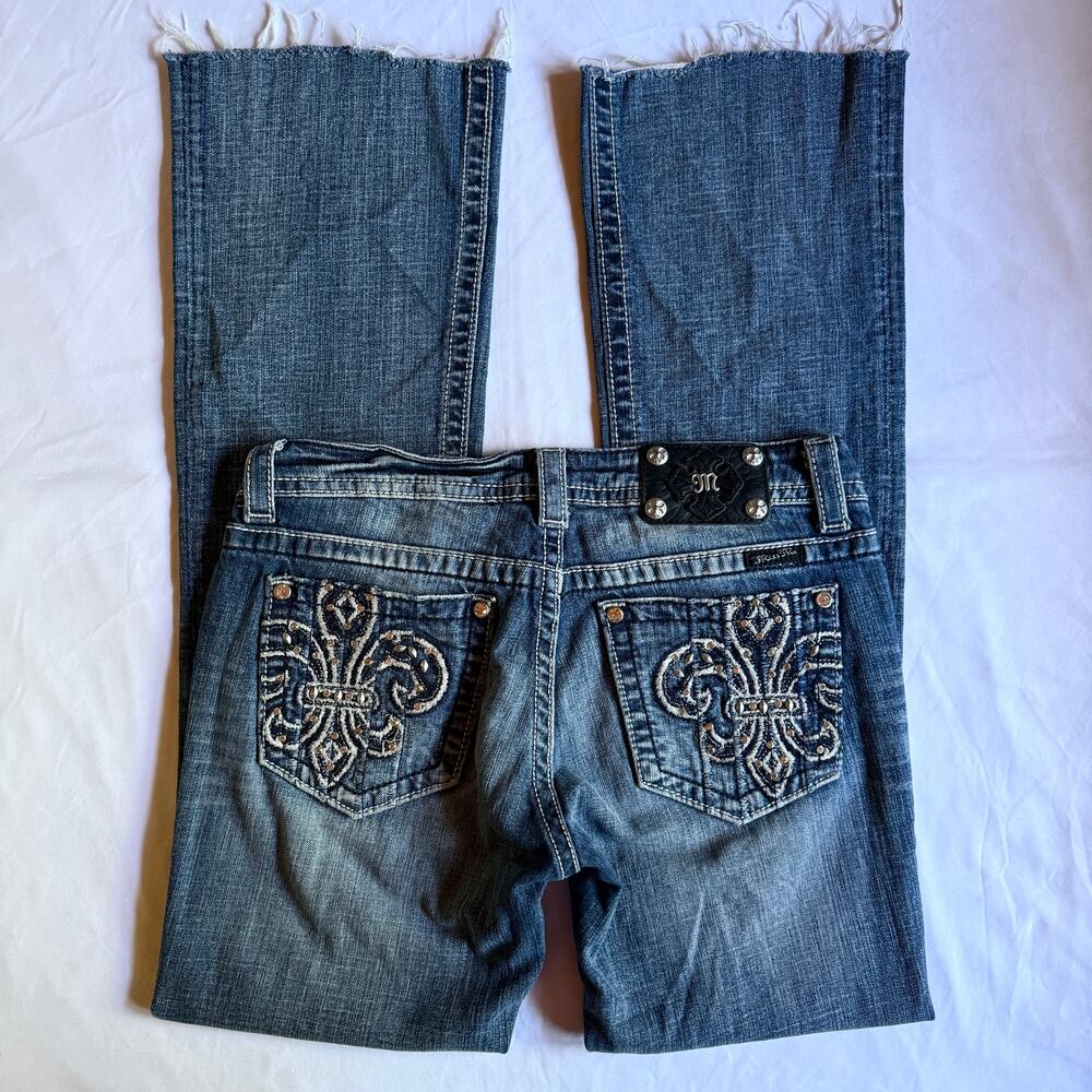Miss Me Raw Hem Low Rise Bootcut Denim Jeans Sz 30 Rhinestone Y2K Grunge Party